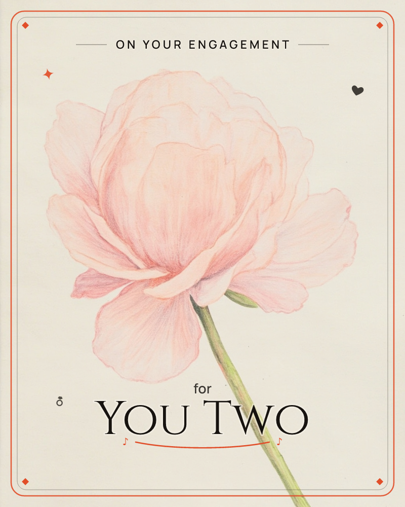A single peony bloom fills the page, its layered pale pink petals rendered in fine, delicate detail with a soft green stem curving down through the frame, a engagement e-card design