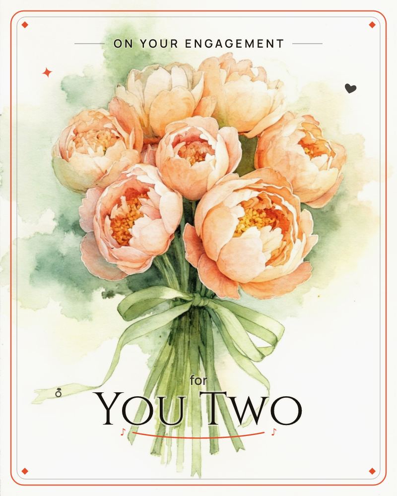 A hand-tied bouquet of full, blowsy peonies in shades of peach and cream sits against a soft, cloudy wash of sage green, a engagement e-card design
