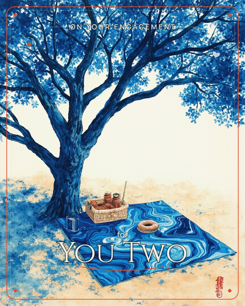 A single tree rendered entirely in shades of blue spreads its branches over a swirling marbled picnic blanket, where a woven basket of jars and a lone…, a engagement e-card design