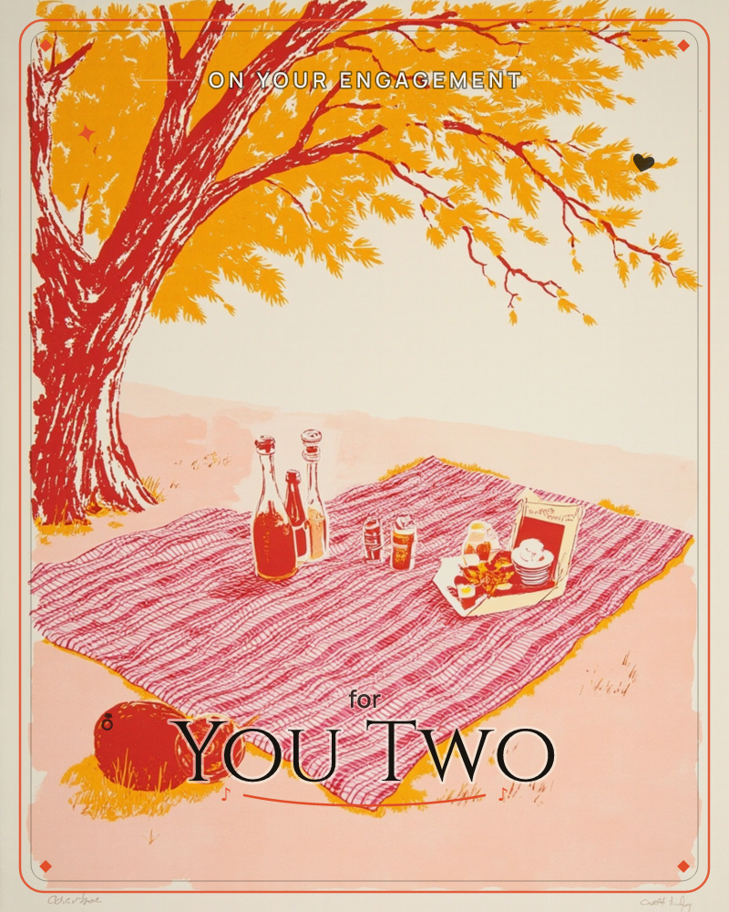 A striped picnic blanket is spread beneath a broad tree with autumn-gold leaves and a rust-red trunk, bottles and a small food tray arranged neatly on top, a engagement e-card design