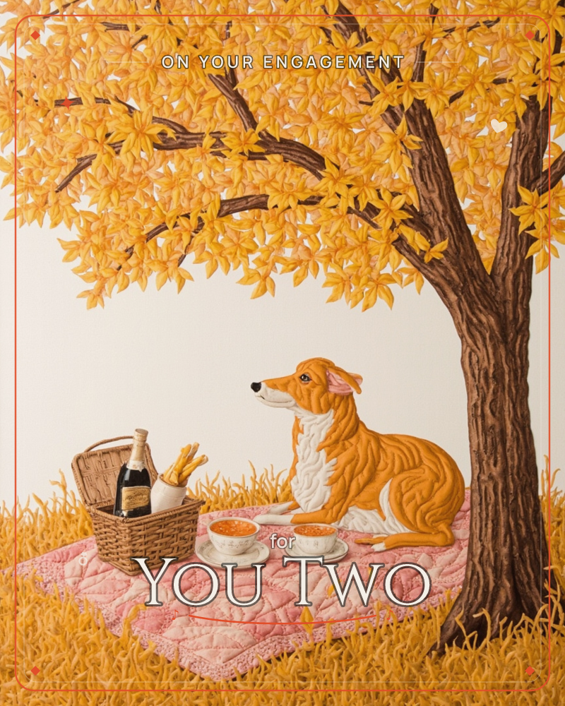 A dog with a golden-and-white coat lies on a pink quilted blanket beneath a tree heavy with golden autumn leaves, beside a wicker picnic basket holding…, a engagement e-card design