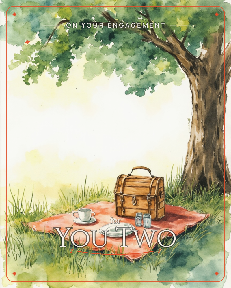 A watercolour picnic scene beneath a broad shady tree, its leafy canopy arching over a rust-orange blanket spread on the grass, a engagement e-card design