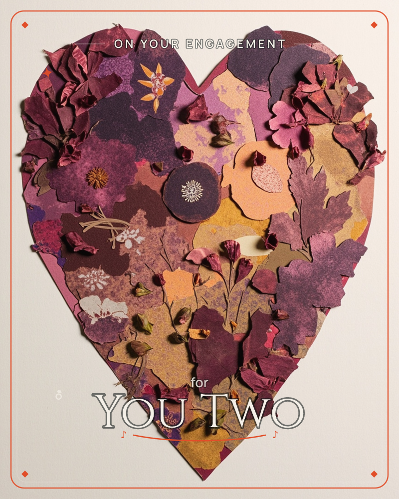 A large heart shape is built entirely from layered paper and dried botanical pieces, torn petals, pressed leaves, embroidered flecks and stitched…, a engagement e-card design