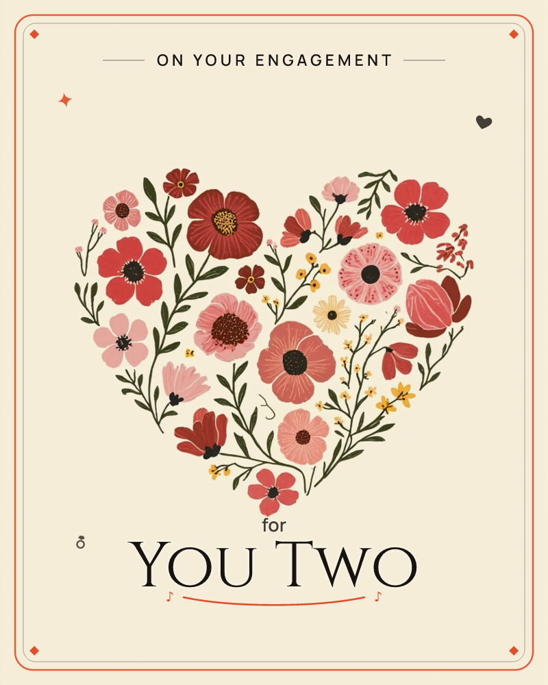 A heart shape is formed entirely from a dense arrangement of hand-painted flowers in shades of red, pink, and burgundy, with olive-green leaves and…, a engagement e-card design