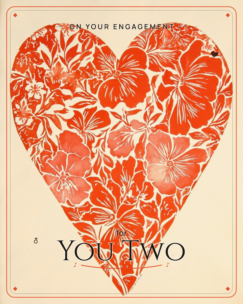 A single large heart fills the page, its shape entirely made up of a dense red-orange floral pattern in a bold linocut style, a engagement e-card design