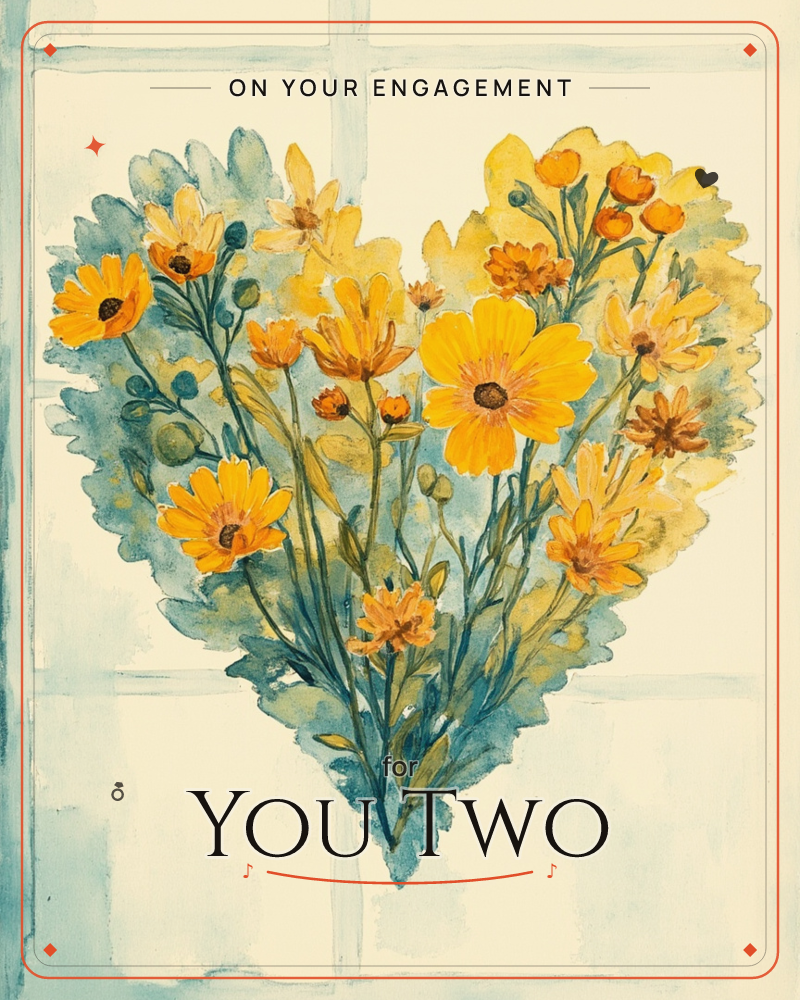 A cluster of yellow and orange wildflowers is painted to form the silhouette of a heart, set against a pale window-paned background with soft…, a engagement e-card design