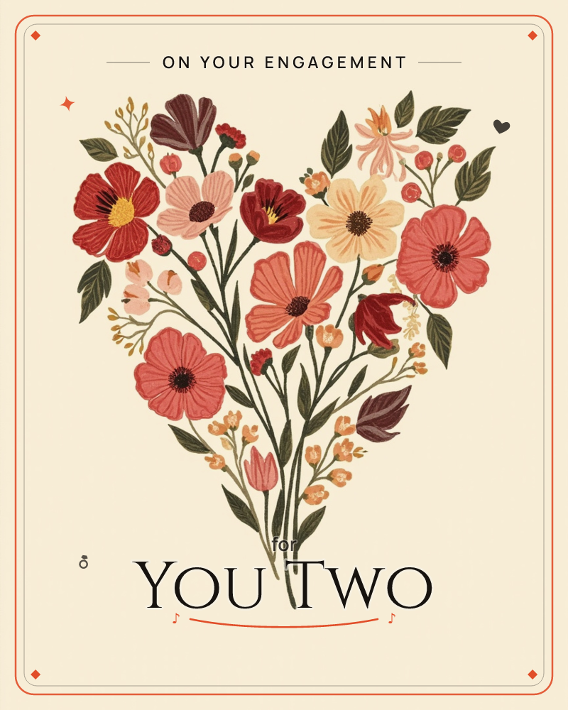A bouquet of wildflowers and leafy sprigs is arranged into the shape of a heart, painted in shades of red, pink, cream and burgundy against a warm…, a engagement e-card design