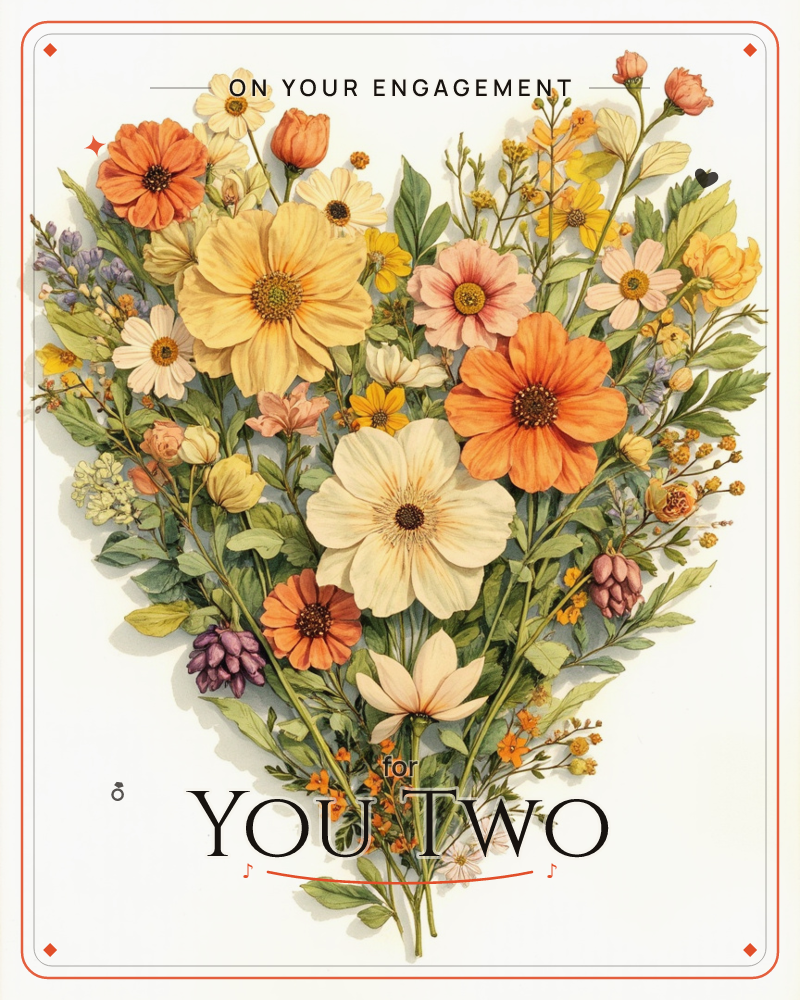 A heart-shaped arrangement of wildflowers is built from layered paper-cut blooms in cream, orange and gold, their stems and leaves crossing to form the…, a engagement e-card design