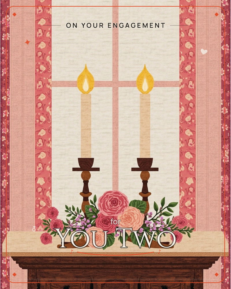 Two lit candles stand in dark wooden candlesticks on a mantel, flanked by a cluster of pink and blush roses with sprigs of greenery, a engagement e-card design