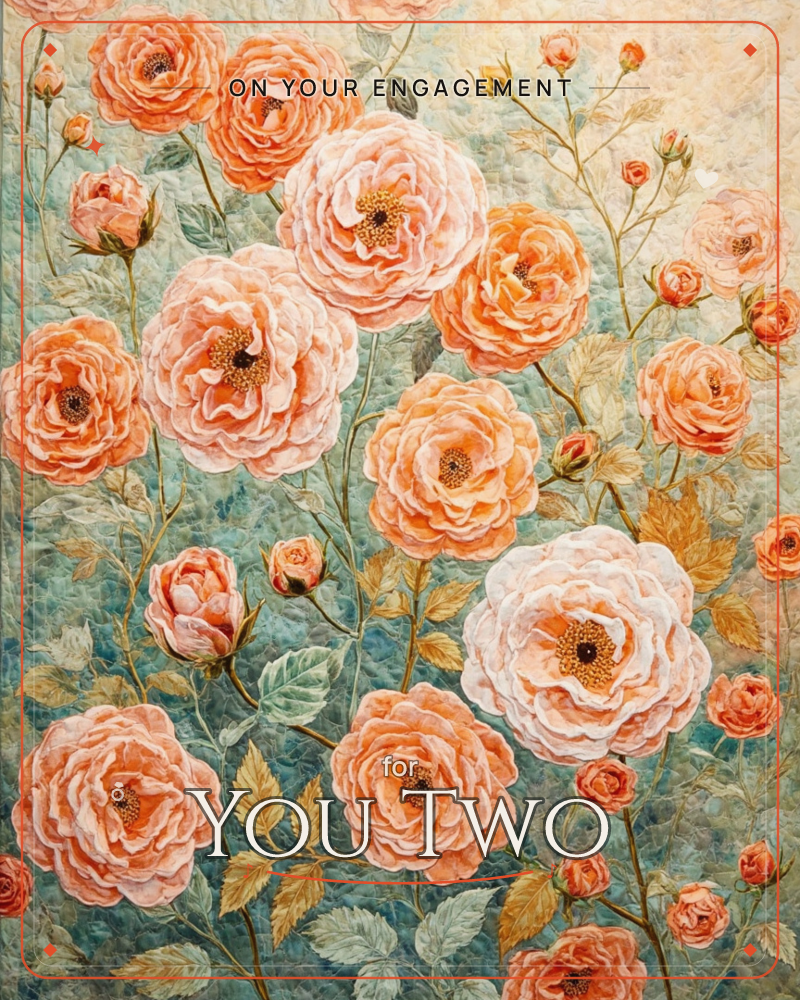 A dense tangle of full-blown peach and apricot roses climbs across a soft sage-green backdrop, their petals rendered with a thick, quilted texture like…, a engagement e-card design
