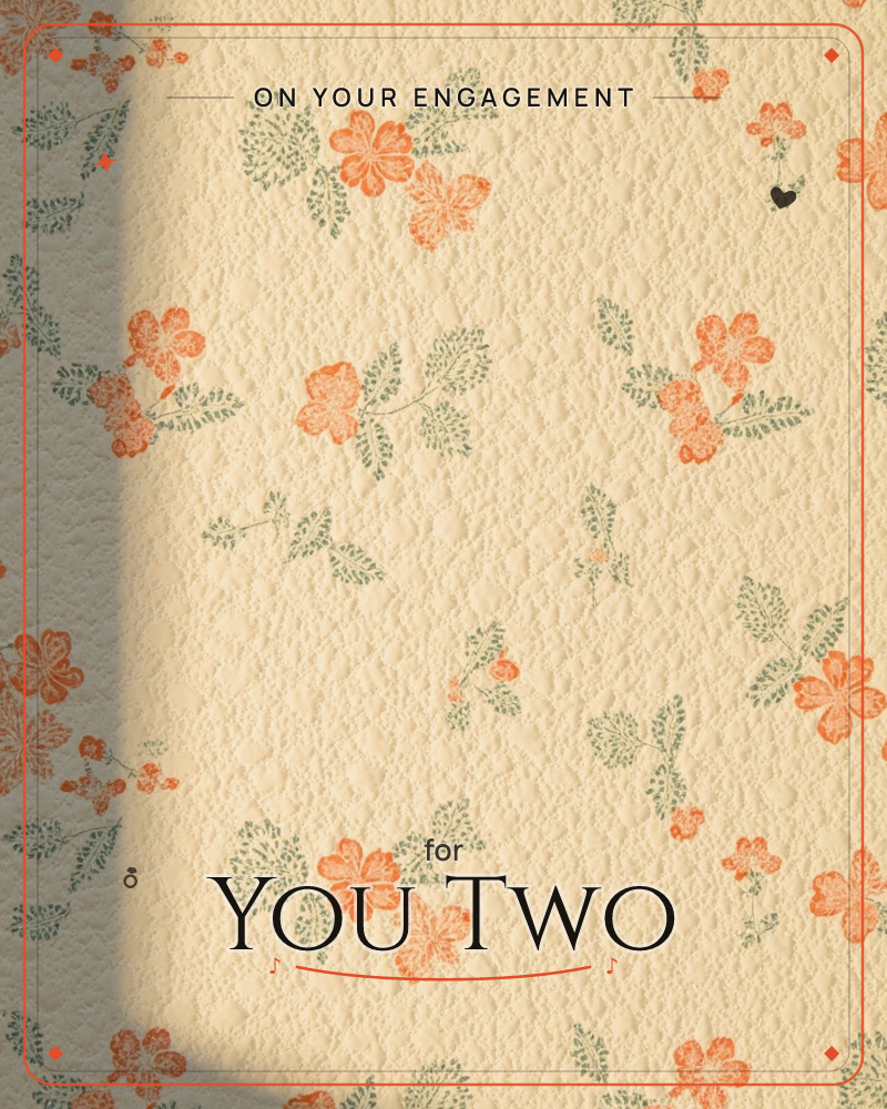 A textured cream wallpaper is scattered with small orange blossoms and sage green sprigs, printed in a soft repeating pattern, a engagement e-card design