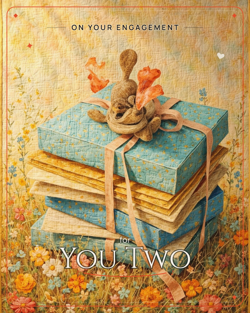 A stack of teal and cream fabric-bound books sits tied with a soft pink ribbon, topped with a dried seed pod and rust-orange petals, all set among…, a engagement e-card design
