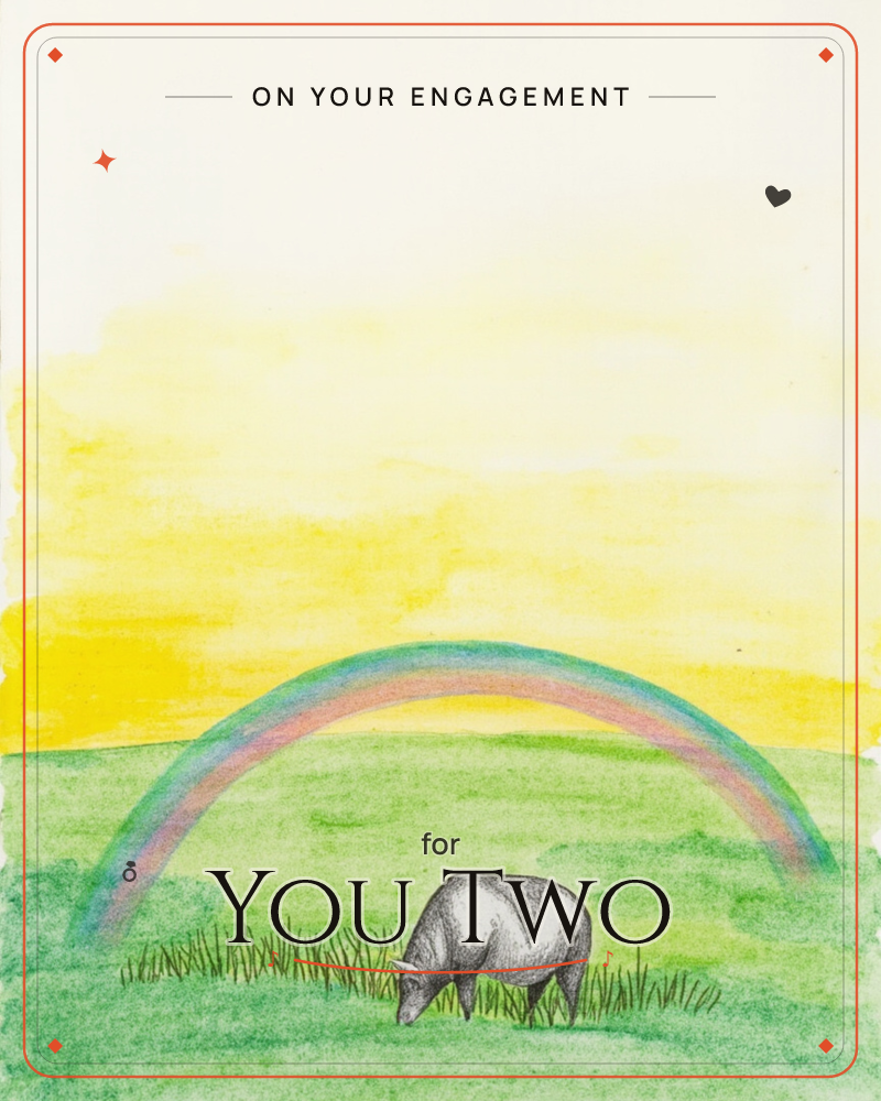 A small grey animal grazes quietly in a green field beneath a soft double rainbow, its arc rising into a glowing yellow sky, a engagement e-card design