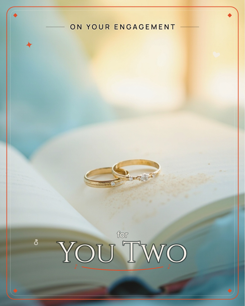 Two gold rings, one set with a small diamond, rest together on the open pages of a book, with golden light and soft blue tones blurring in the background, a engagement e-card design