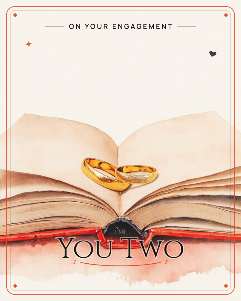 An open book with a red-edged spine lies fanned out, its cream pages curling gently at the centre where two gold wedding rings rest overlapping, a engagement e-card design