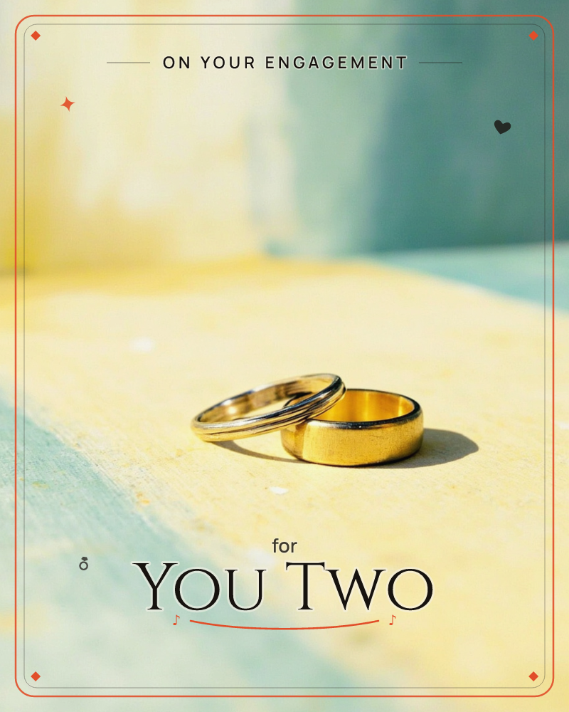 Two gold wedding bands rest leaning against each other on a weathered wooden surface, one slender and one broad, catching warm sunlight against a…, a engagement e-card design