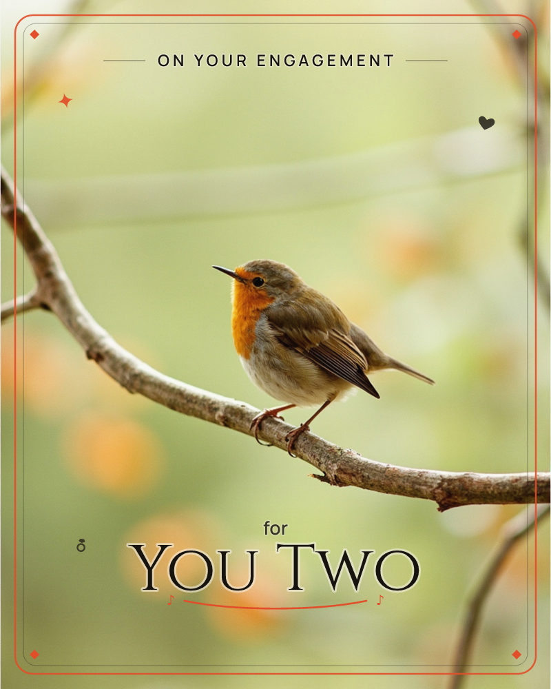 A robin with a bright orange-red breast perches on a bare, lichen-flecked branch, beak slightly open as if mid-song, a engagement e-card design