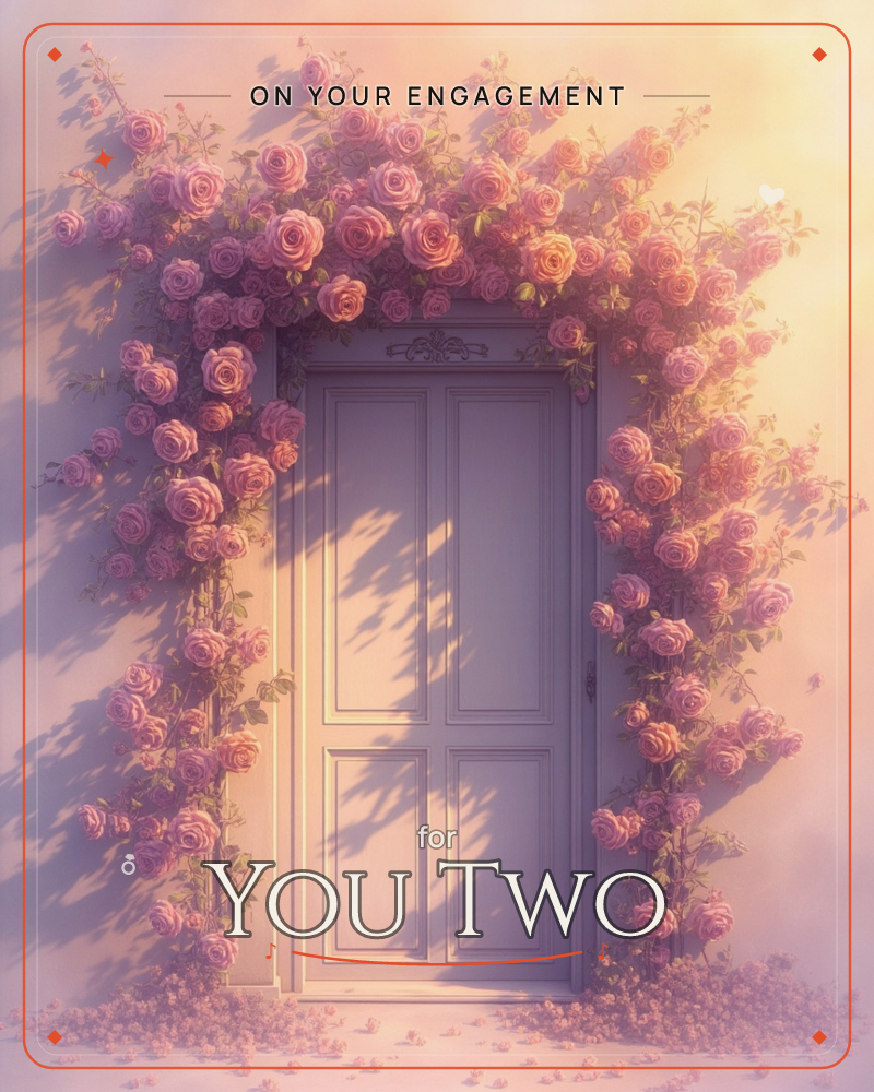 A soft lavender-grey door sits framed in an archway of climbing roses, their pink and coral blooms spilling thickly over both sides, a engagement e-card design