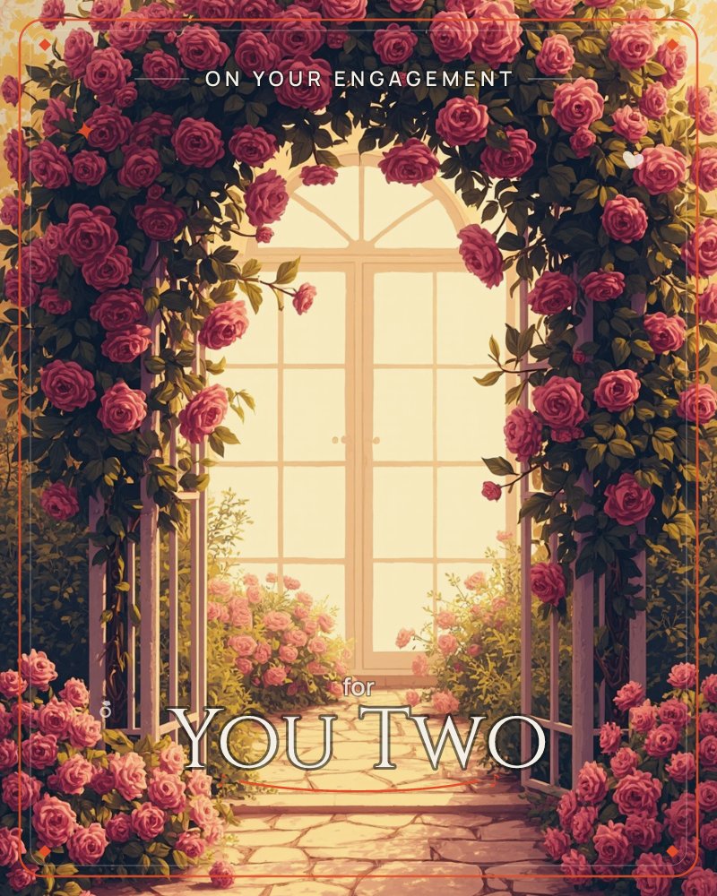 A garden archway dripping with deep pink roses frames a pair of open glass doors that glow with warm golden light, a engagement e-card design