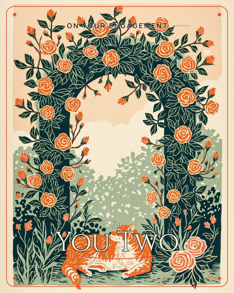 A rose-covered arbour arches over a garden path, its dark trellis thick with curling orange blooms and buds, framing a pale glow of distant hedges and…, a engagement e-card design