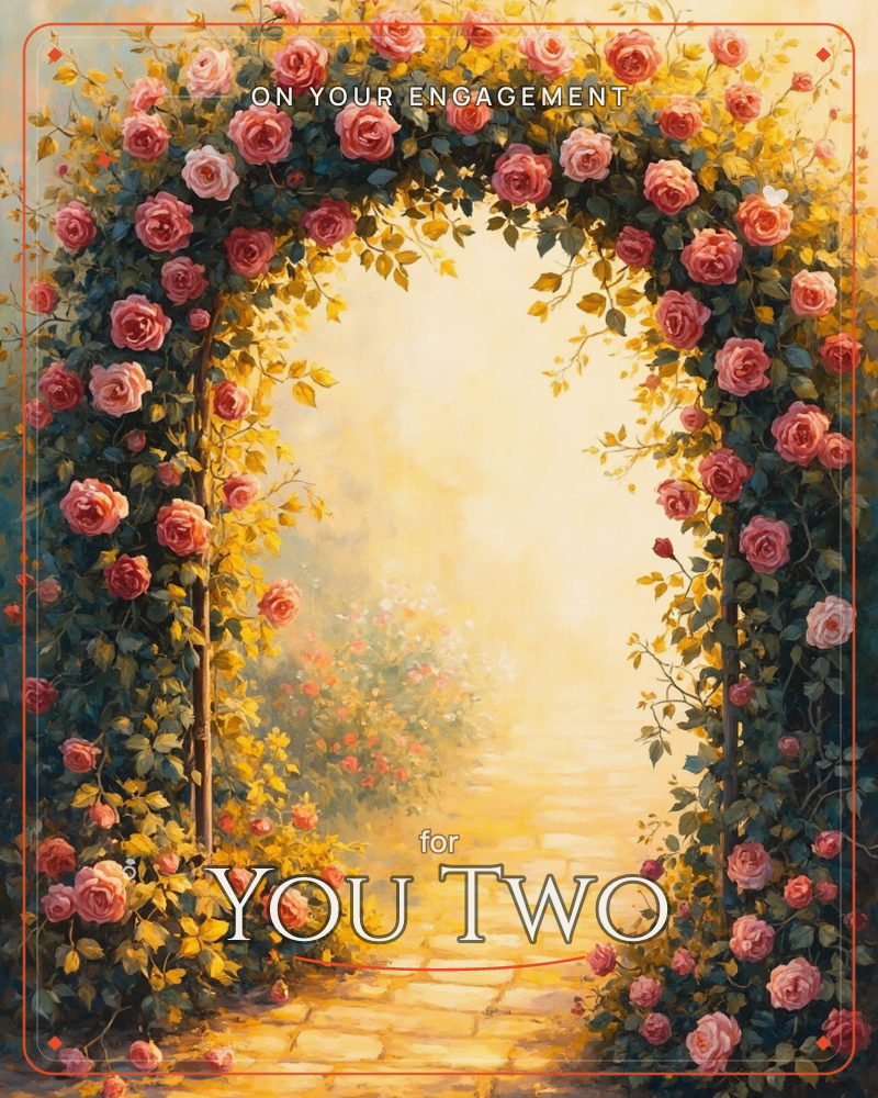 A rose-covered arbour arches over a cobbled path, thick with pink and coral blooms tangled through dark green leaves, a engagement e-card design