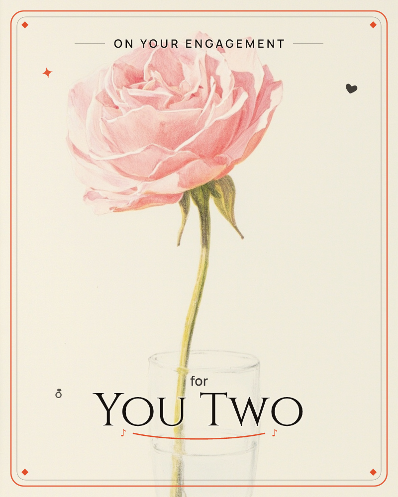 A single pale pink rose in full bloom stands in a small glass vessel, its stem visible through the water, set against a soft cream background that…, a engagement e-card design