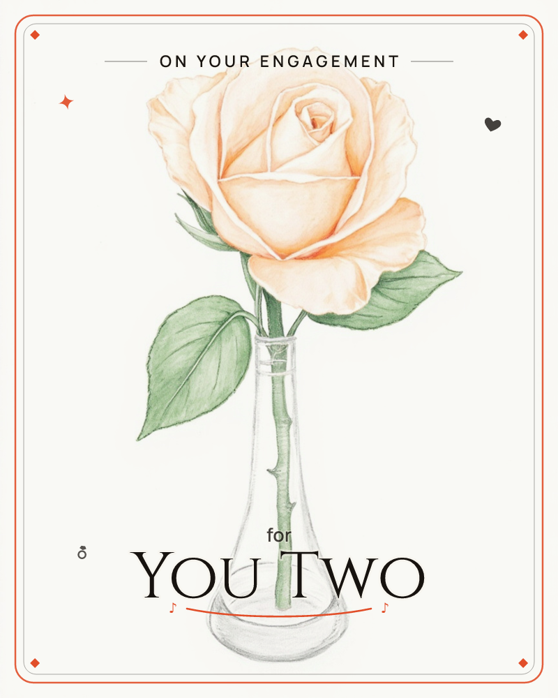 A single peach-toned rose stands in a slender glass vase, its stem visible through the water and its leaves fanning out on either side, a engagement e-card design