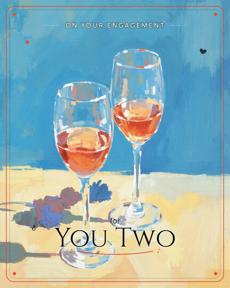 Two wine glasses filled with rosé stand side by side on a pale tabletop, set against a bold streaky blue background, a engagement e-card design