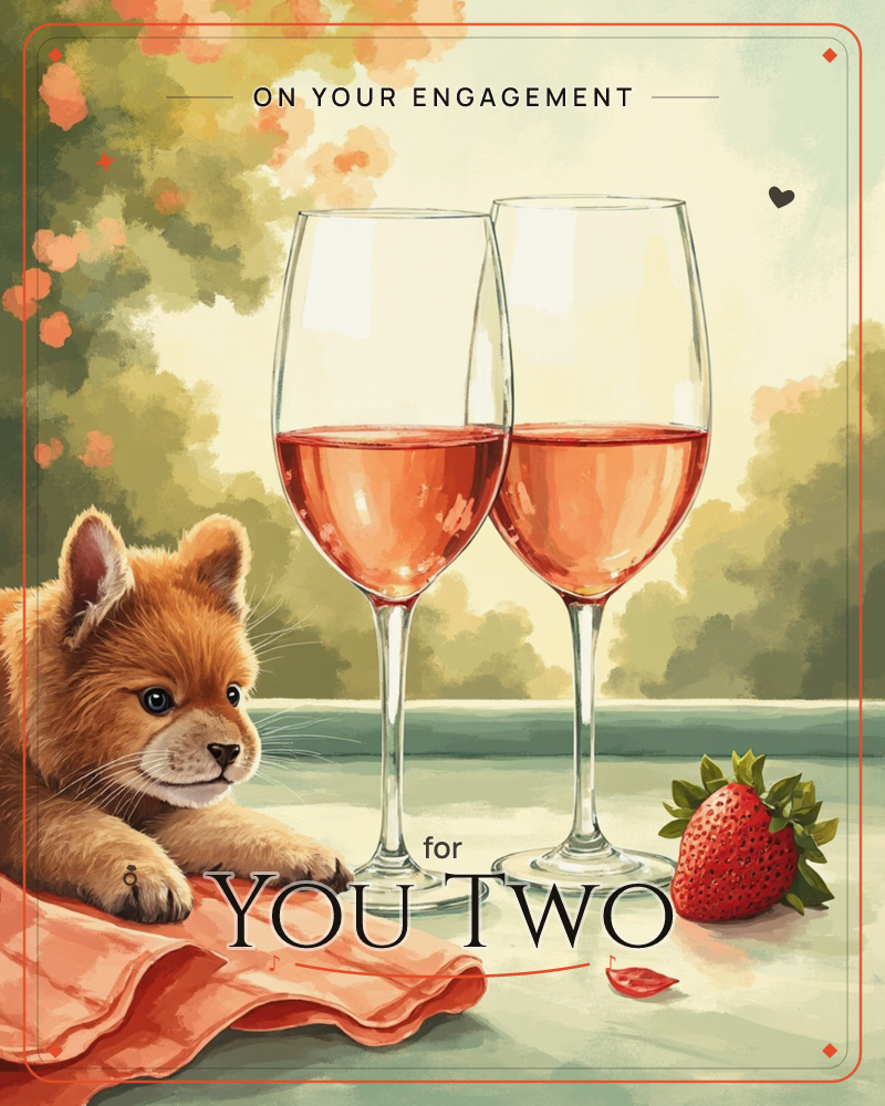 A fluffy fox-like puppy rests its paws on a rumpled napkin beside two glasses of rosé and a single strawberry, set against a soft, glowing garden…, a engagement e-card design