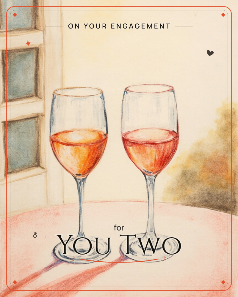 Two wine glasses stand side by side on a round table near a paned window, one holding a golden rosé and the other a deeper red wine, a engagement e-card design