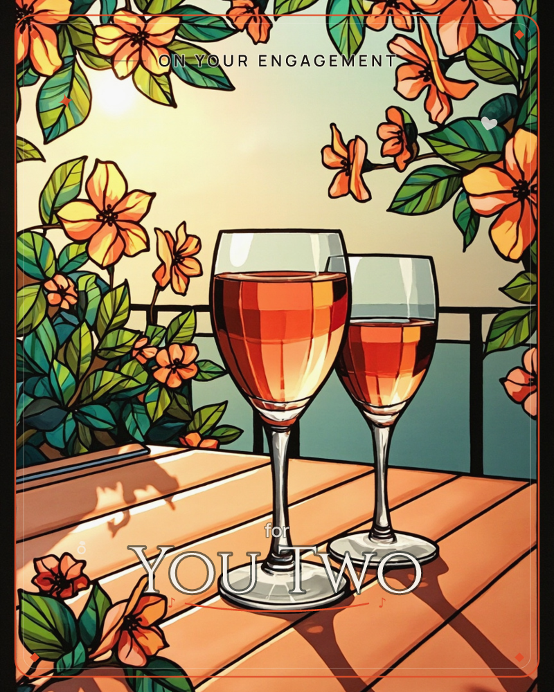 Two glasses of rosé wine sit on a sunlit wooden table, framed by flowering branches heavy with orange blossoms, a engagement e-card design
