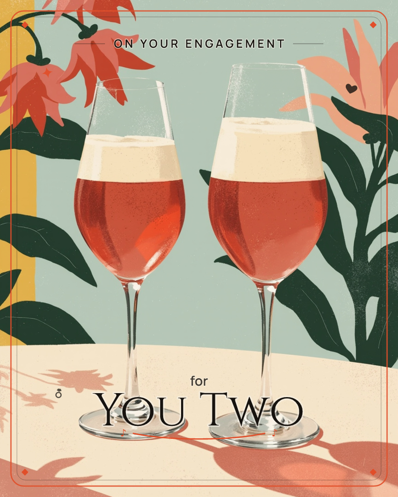 Two stemmed glasses of frothy pink-red spritz sit side by side on a pale tabletop, their long shadows stretching toward the viewer, a engagement e-card design