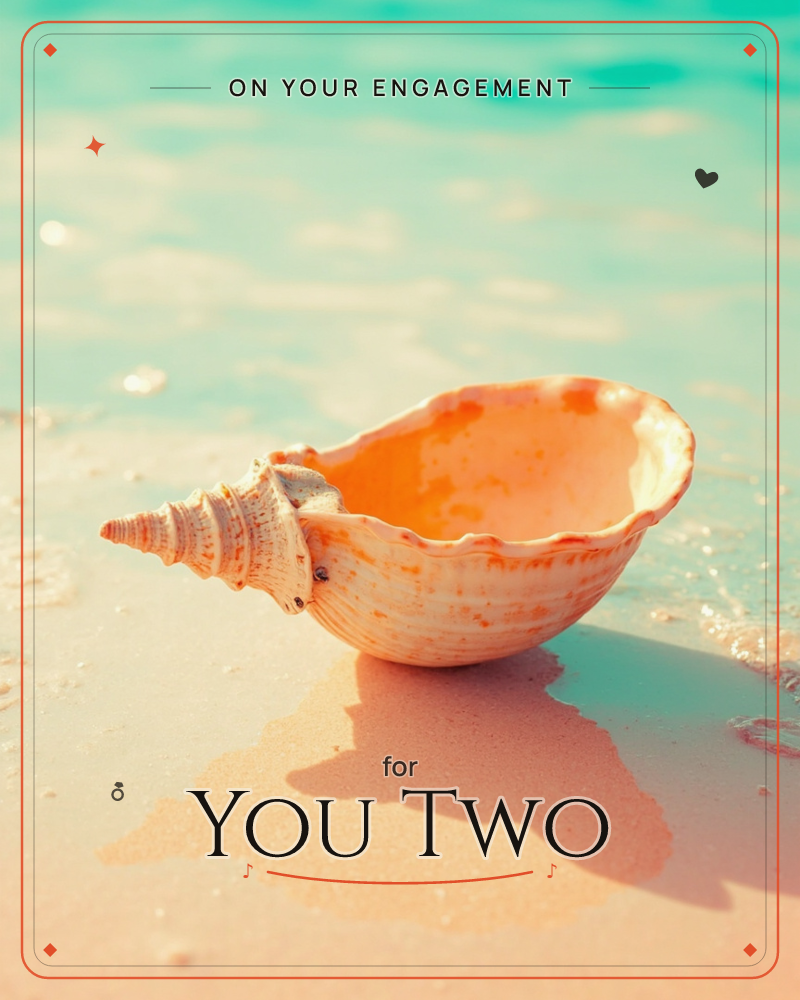 A conch shell rests at the water's edge, its coral-orange interior glowing in bright sunlight against pale wet sand, a engagement e-card design