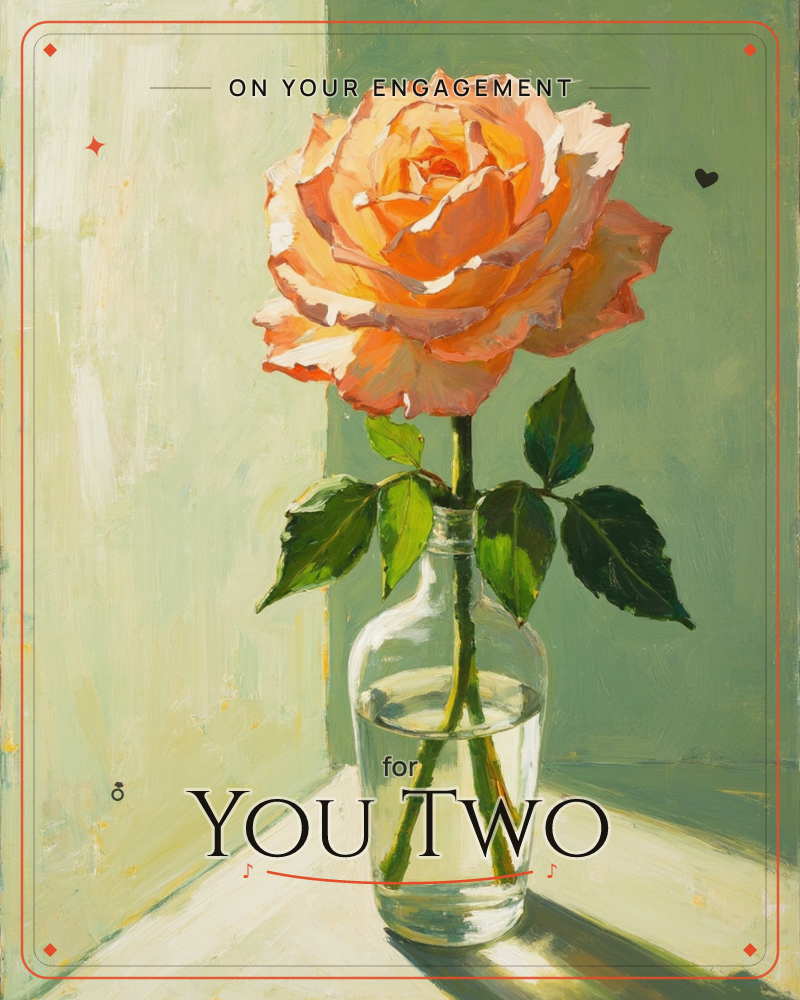 A single peach-orange rose stands in a small glass bottle of water, set on a plain tabletop against a softly painted sage-green wall, a engagement e-card design