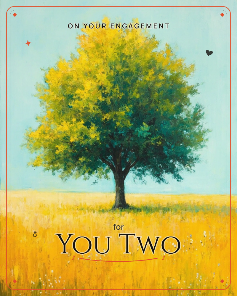 A single broad tree stands alone in a golden field, its rounded canopy painted in overlapping strokes of green and yellow, a engagement e-card design