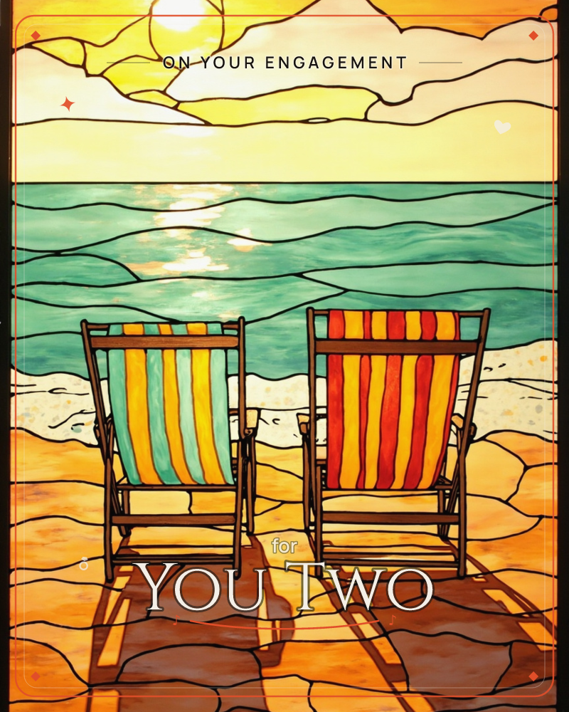 A stained-glass style illustration of two empty striped deck chairs facing a glowing sea at sunset, their long shadows stretching across sandy stones…, a engagement e-card design