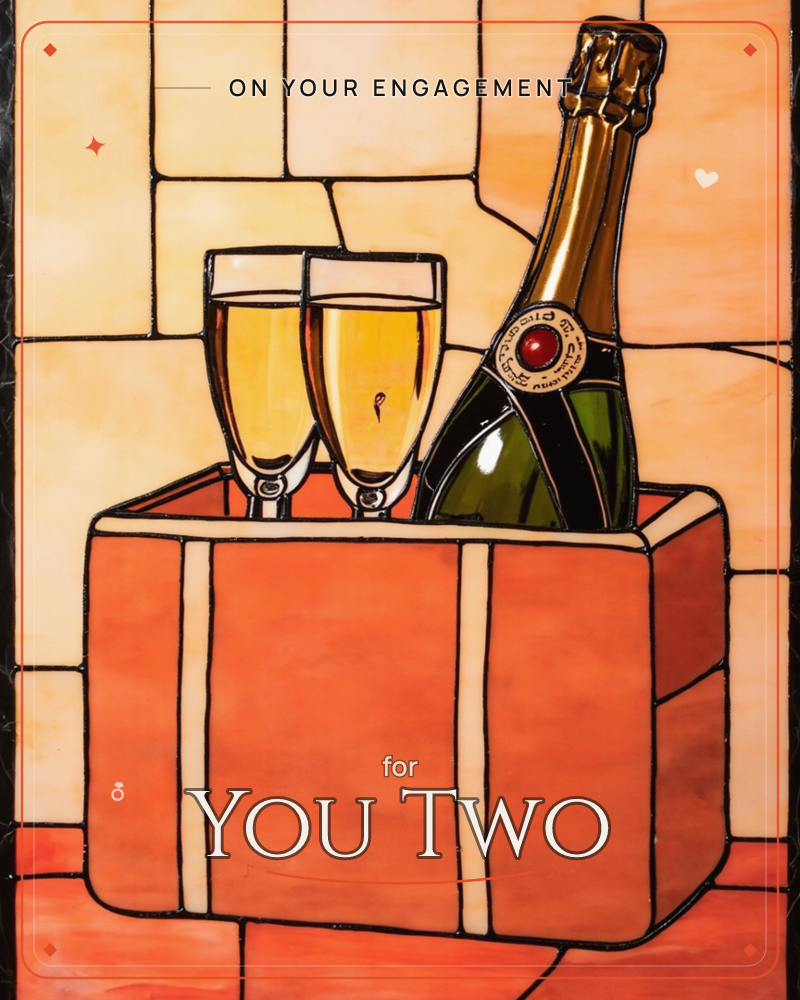 A stained-glass style illustration shows a champagne bottle and two filled flutes standing together in a copper-toned ice bucket, a engagement e-card design