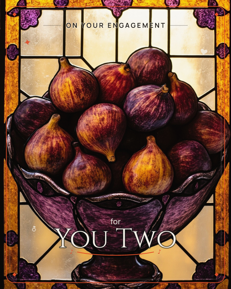 A stained-glass window glows amber behind a deep purple pedestal bowl piled high with ripe figs, their skins streaked in plum, gold and rust, a engagement e-card design