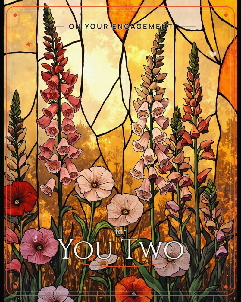 A stained-glass style panel glows with tall foxglove spires and open-faced blossoms set against a warm amber sky, their leaded black outlines catching…, a engagement e-card design