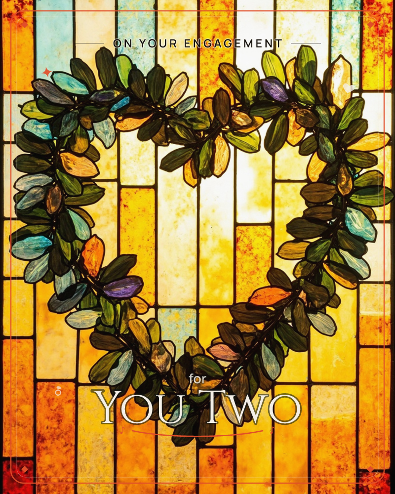 A heart-shaped wreath of stained-glass leaves glows against a backdrop of amber and gold glass panels, light streaming through as if from behind a window, a engagement e-card design