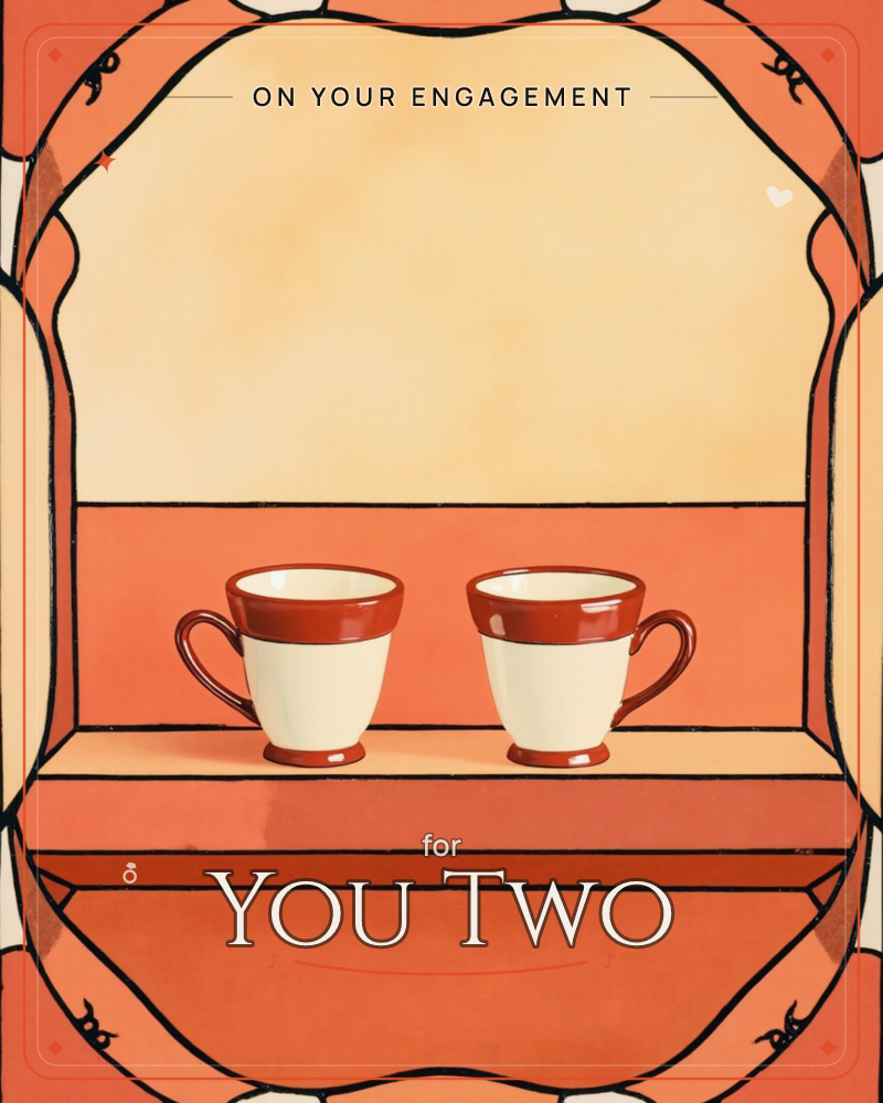 Two matching cream teacups with rust-red rims sit side by side on a warm terracotta shelf, framed by an ornate stained-glass-style archway, a engagement e-card design
