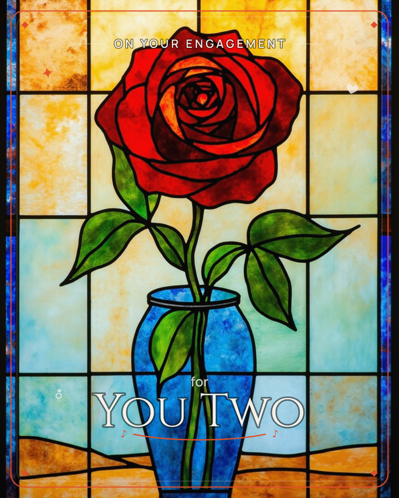 A stained-glass panel shows a single deep red rose in full bloom, standing in a cobalt blue vase with trailing green leaves, a engagement e-card design