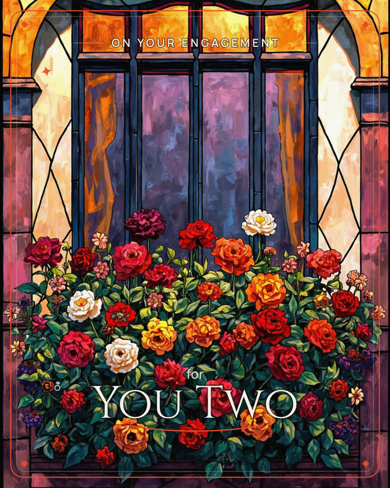 An arched stained-glass window glows in amber and violet panes above a window box overflowing with roses in red, white, orange and yellow, a engagement e-card design