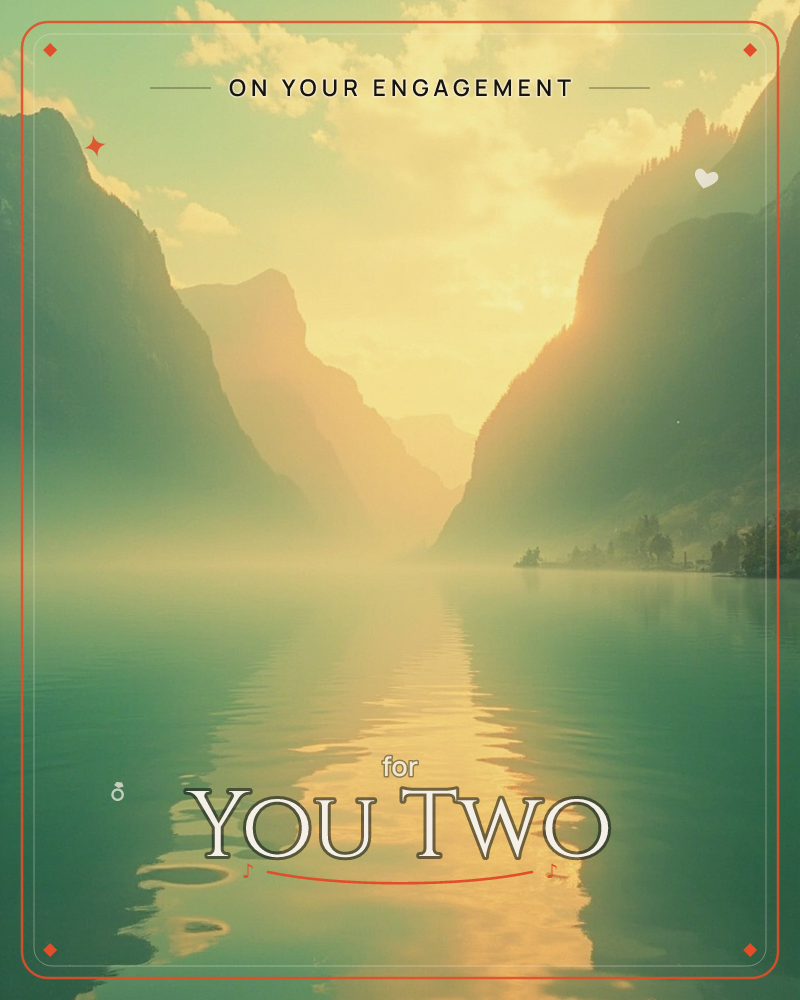 A still fjord glows under a golden, misty sunrise, with layered mountain silhouettes fading into haze on either side of the water, a engagement e-card design