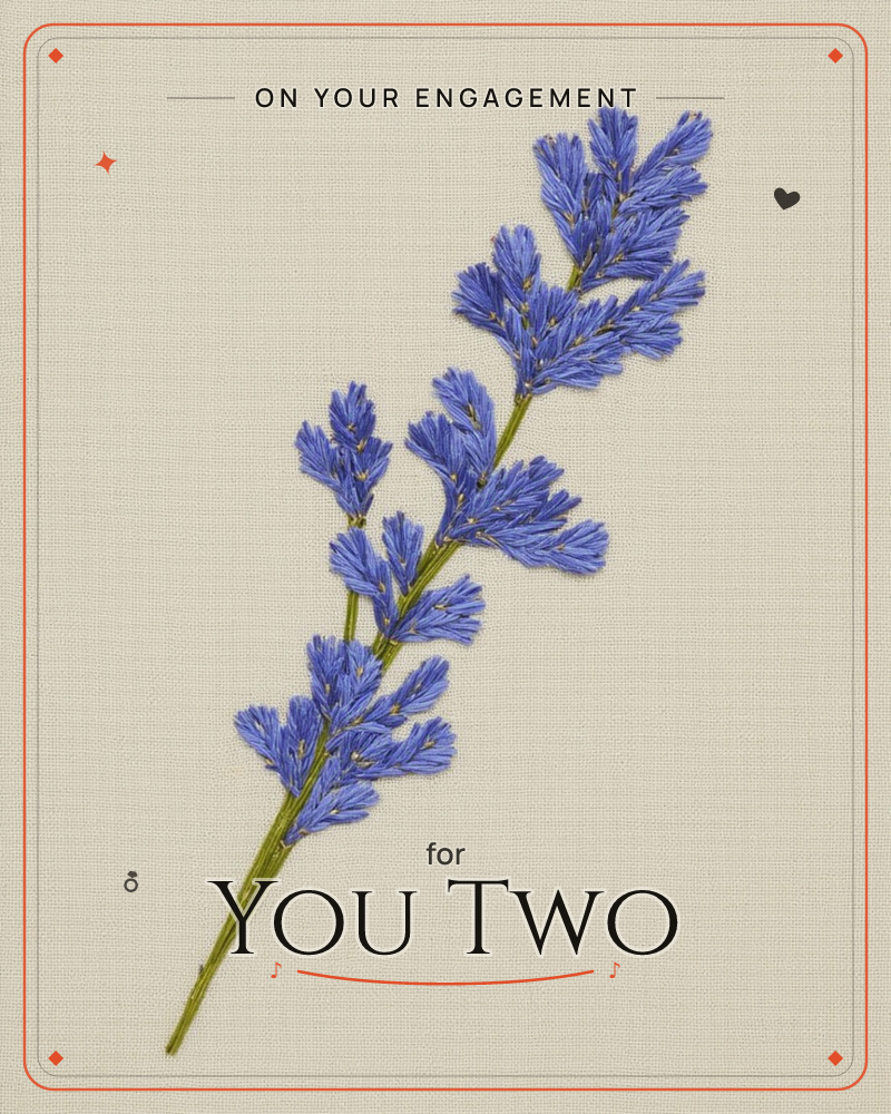 A single lavender sprig stretches diagonally across a card that mimics the texture of woven linen, a engagement e-card design