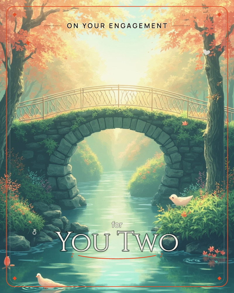 A stone footbridge arches over a calm river beneath autumn trees glowing orange and gold in soft morning light, a engagement e-card design