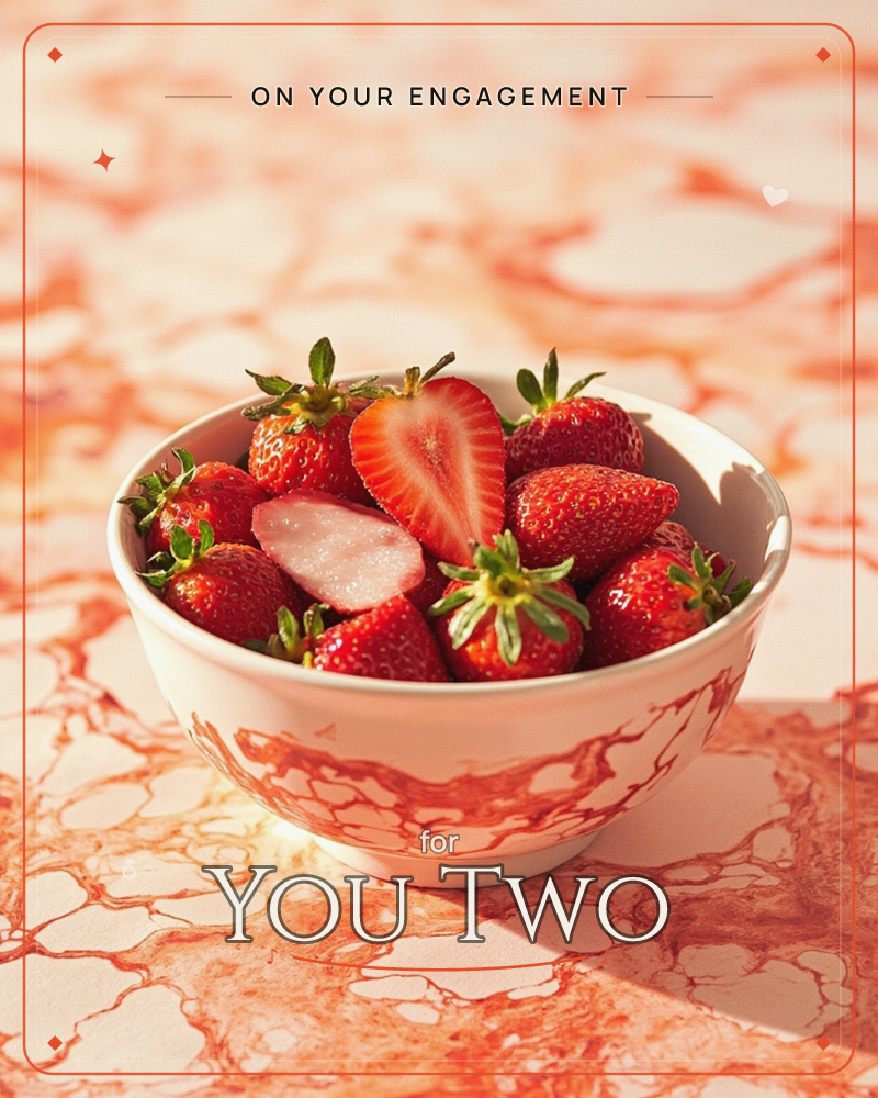 A white bowl streaked with red marbling holds a heap of fresh strawberries, one sliced open to show its pale pink centre, a engagement e-card design