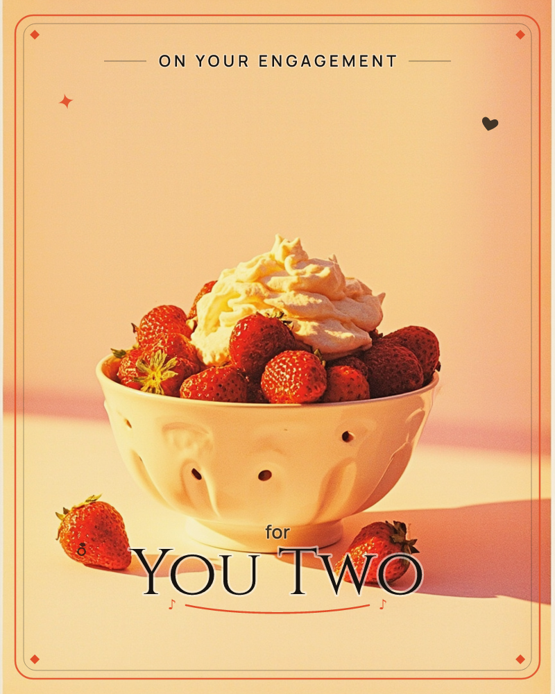A cream ceramic bowl overflows with fresh strawberries and a swirl of whipped cream, lit by warm golden light against a soft peach backdrop, a engagement e-card design