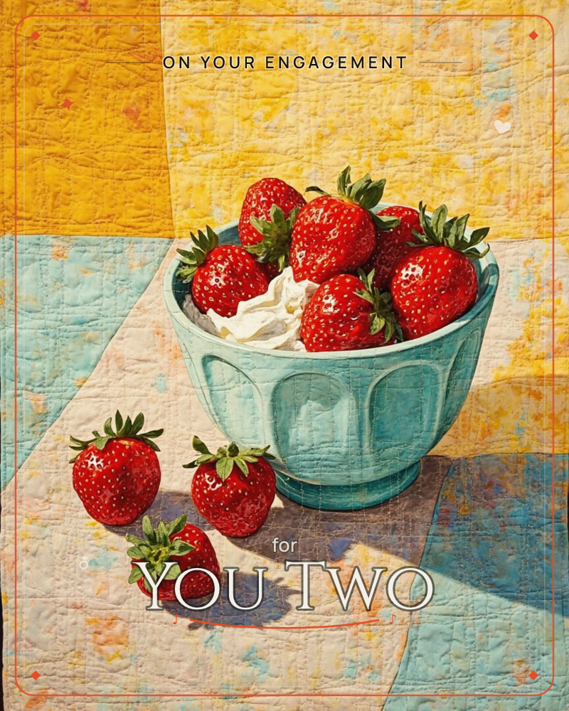 A pale turquoise bowl brims with ripe strawberries and a swirl of whipped cream, set on a patchwork quilt of yellow, sky-blue and cream squares, a engagement e-card design