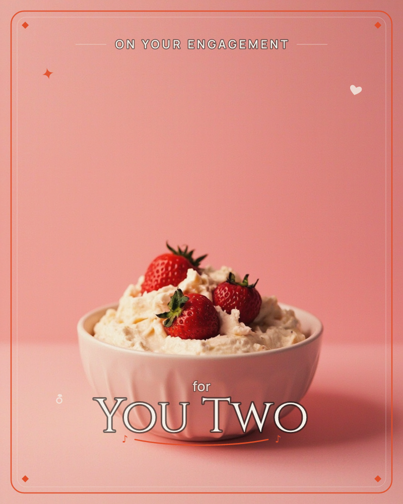 A white fluted bowl holds a swirl of whipped cream topped with three glossy strawberries, set against a soft pink backdrop, a engagement e-card design